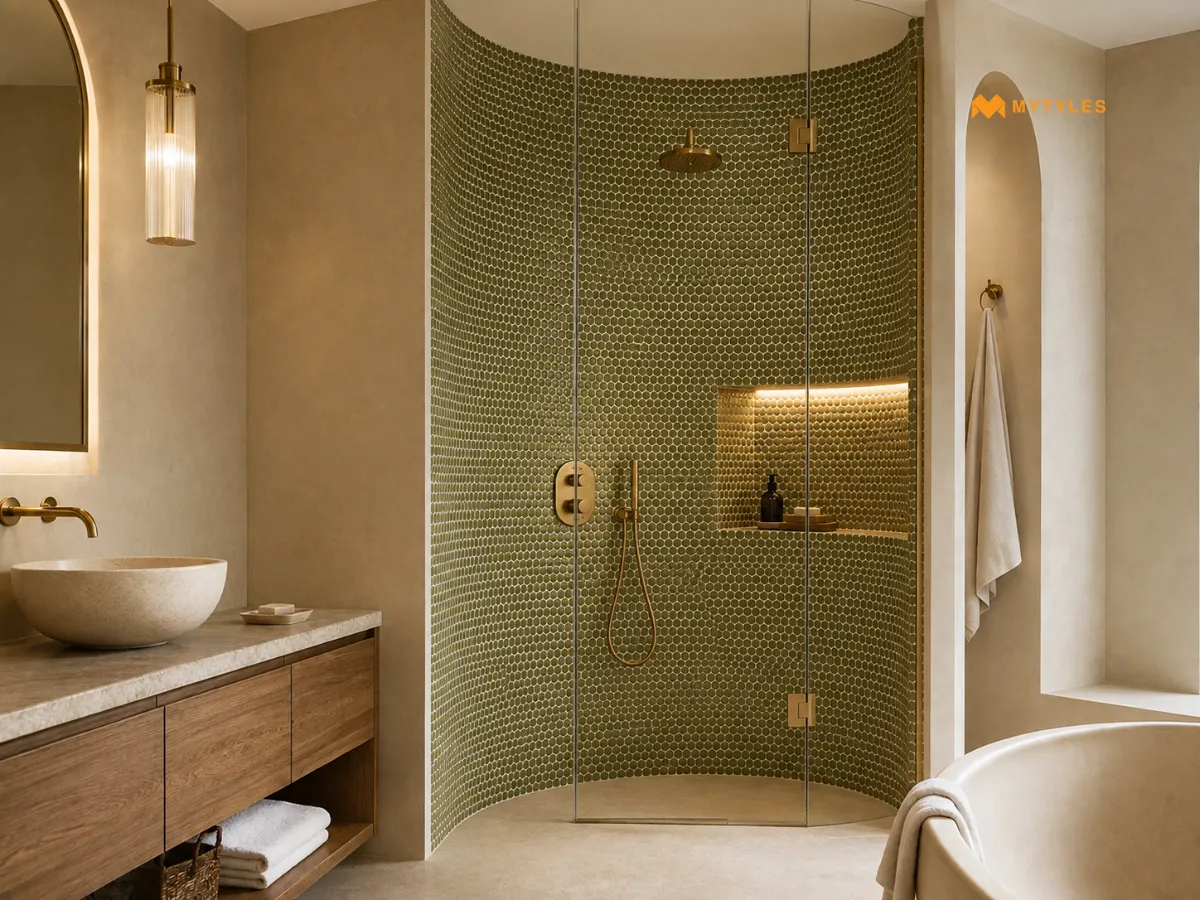 Penny Round Mosaics for Curved Shower Walls 